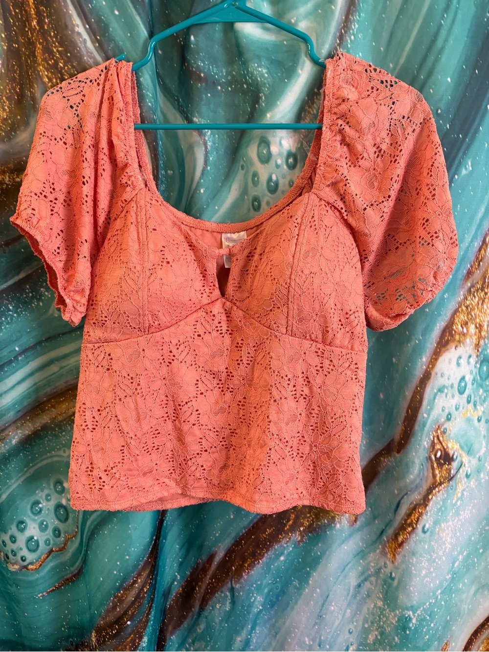 No Boundaries Coral Lace Puff-Sleeve Crop Top